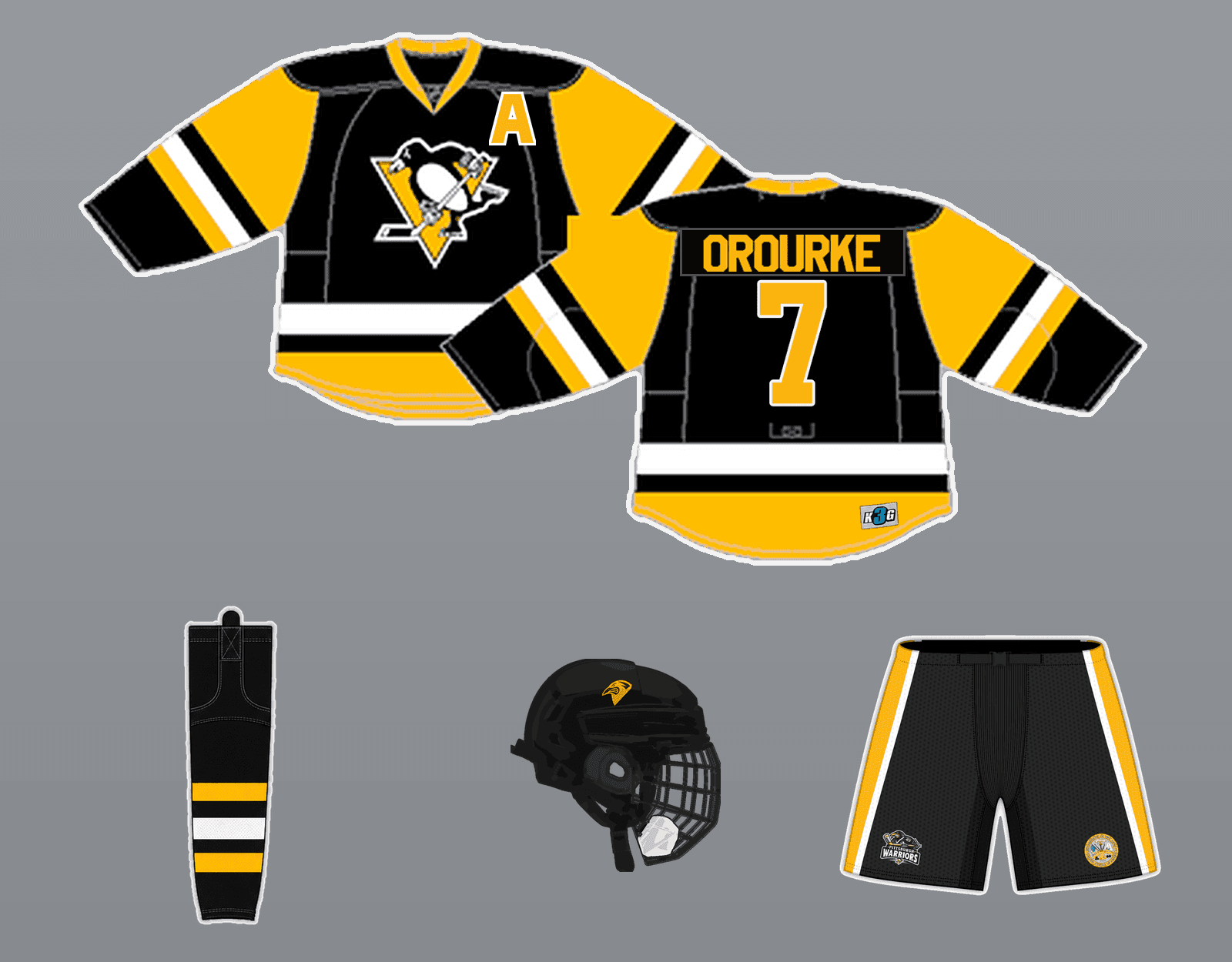 Penguins Black kit illustration: front and back of the sweater, socks, pants and helmet