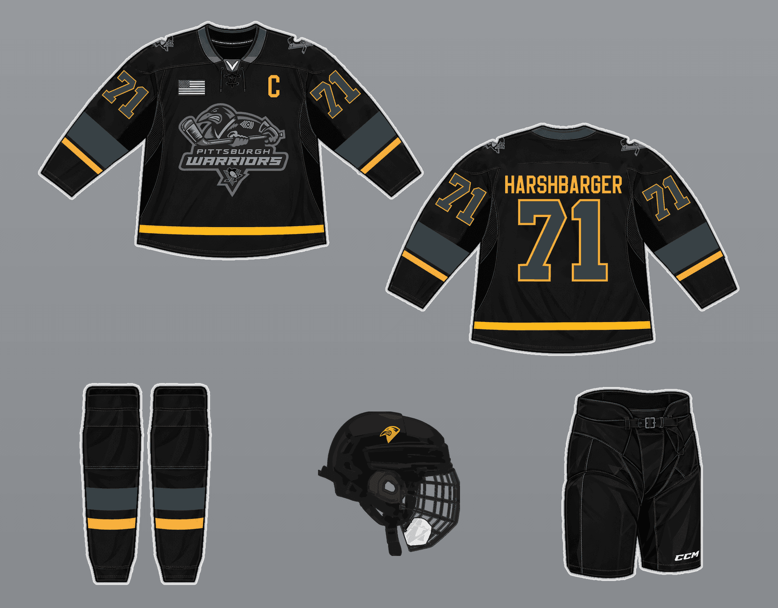 MurderBird kit illustration: front and back of the sweater, socks, pants and helmet