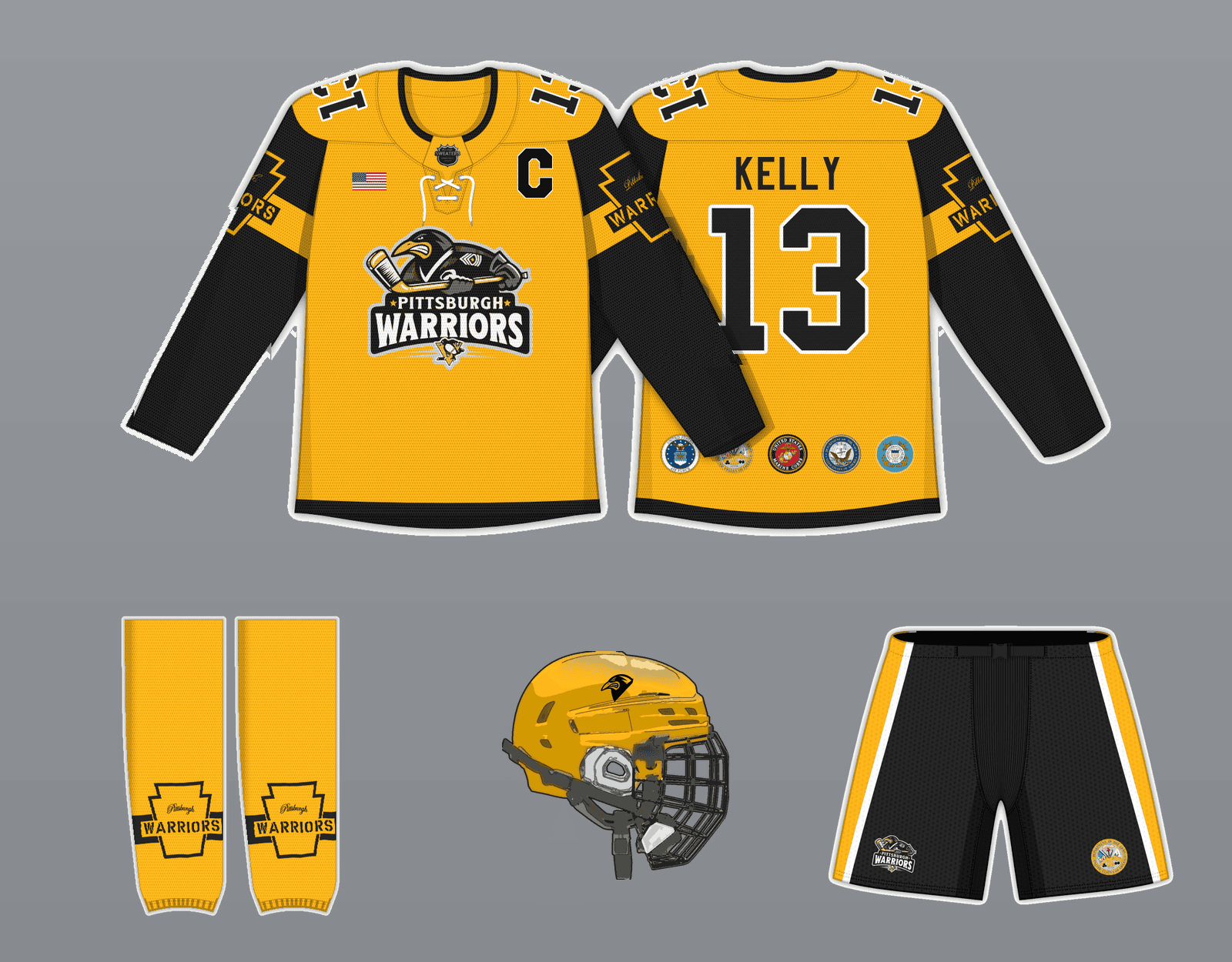 Keystone Gold kit illustration: front and back of the sweater, socks, pants and helmet