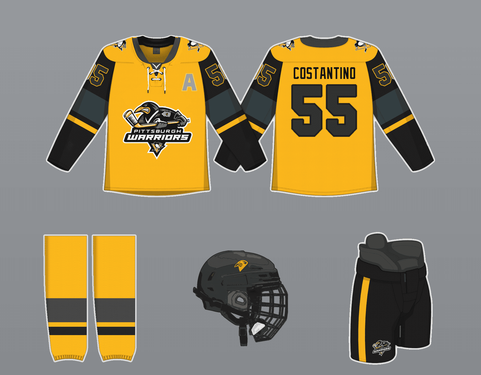 New Gold kit illustration: front and back of the sweater, socks, pants and helmet
