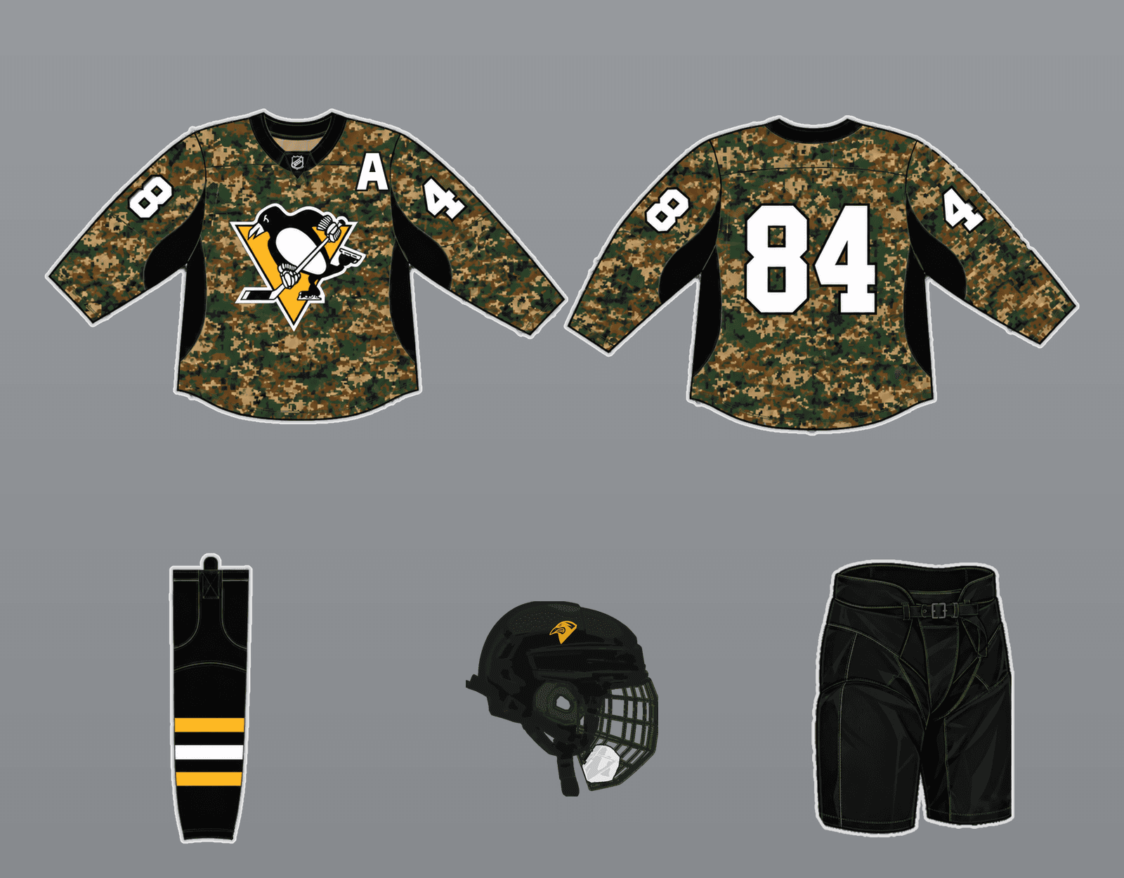 Penguins Camo kit illustration: front and back of the sweater, socks, pants and helmet
