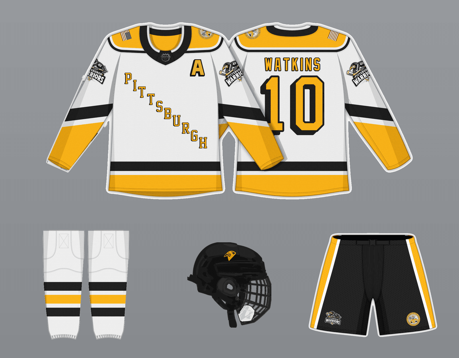 Diagonal Pittsburgh White kit illustration: front and back of the sweater, socks, pants and helmet
