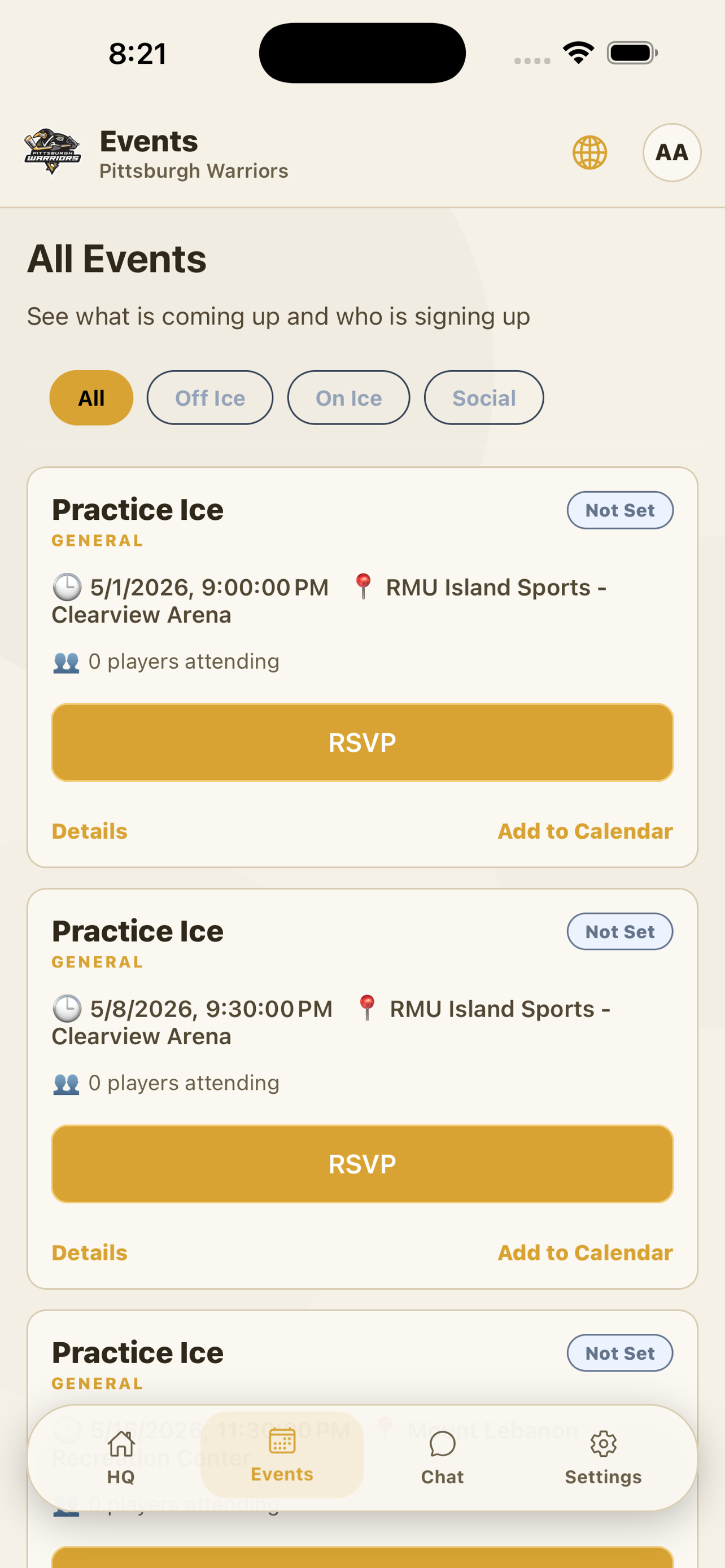 Warriors HQ app — RSVP to events